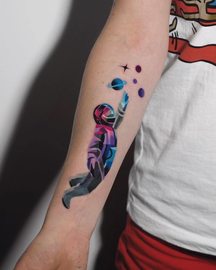 Painterly Retro Inspired Astronaut Illustration Tattoo on skin