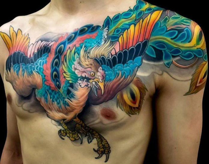 Technicolor Full Chest Firebird Tattoo Tattoo on skin