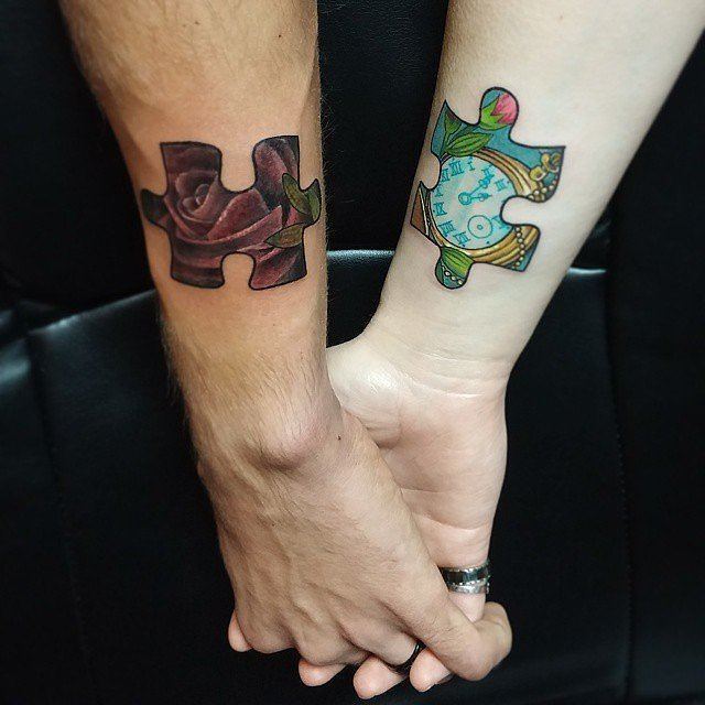 Printed Puzzle Pieces Couple Tattoos Tattoo on skin