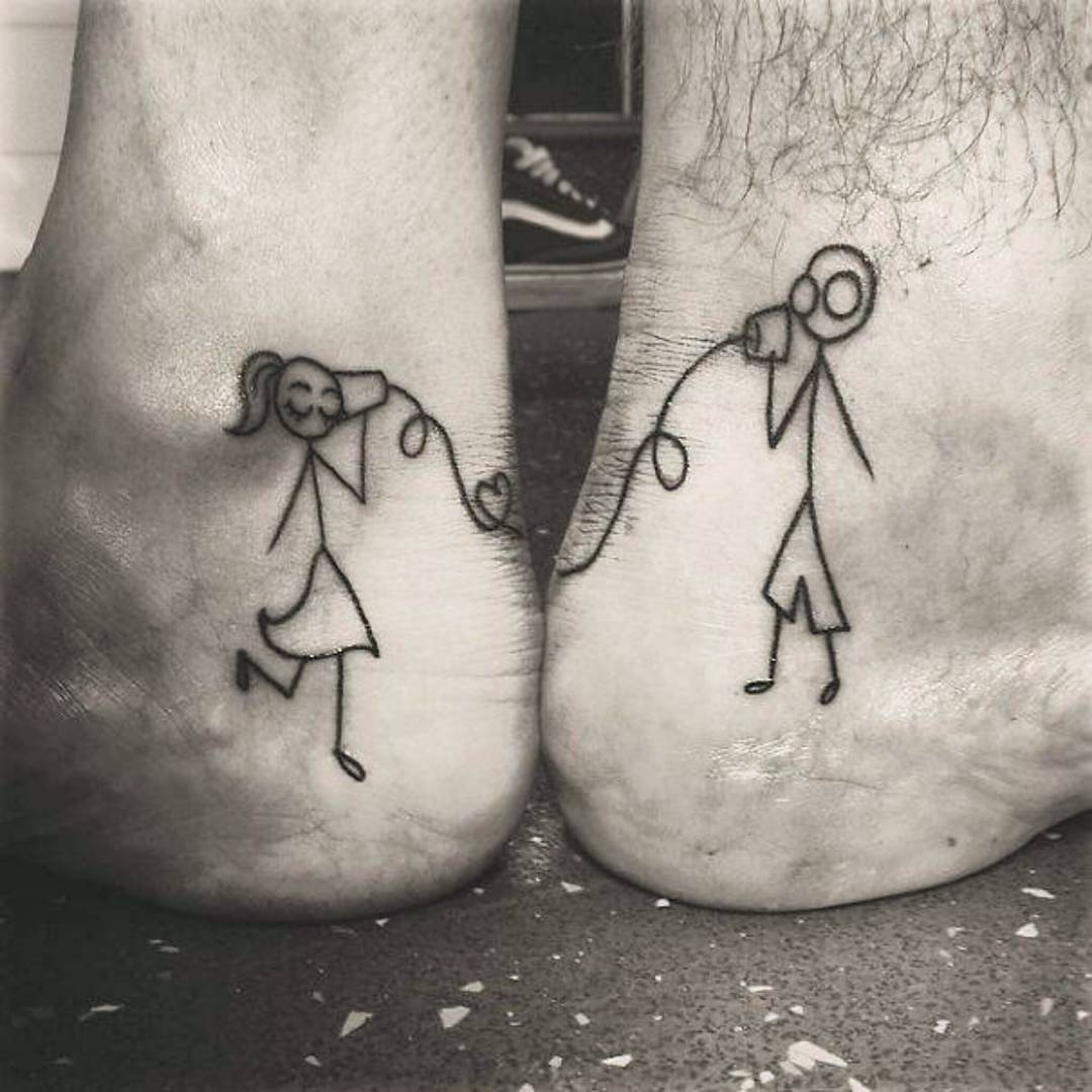 Stick People with String Phone Funny Couple Tattoos Tattoo on skin