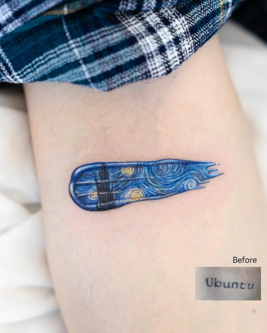 Colorful tattoo reinventing a previous design Tattoo on skin