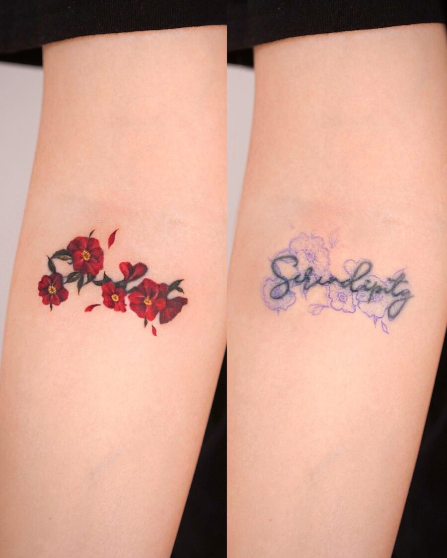 Elegant floral and script tattoo cover-ups Tattoo on skin