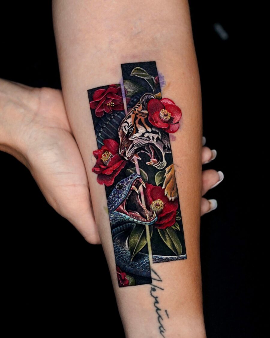 Fierce Animal Tattoos with Floral Accents Tattoo on skin