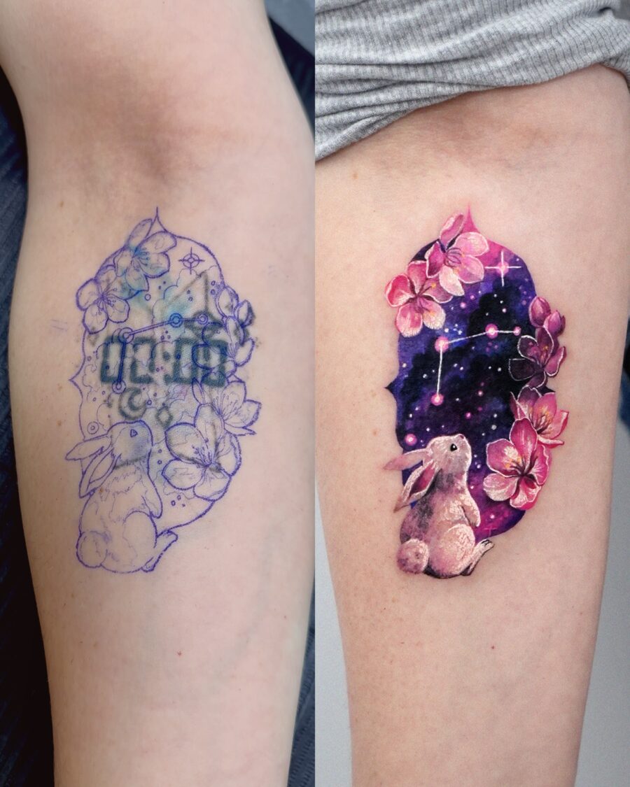 Transformative Rabbit Tattoo with Floral Elements Tattoo on skin