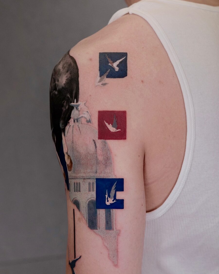Vibrant Cover Up Tattoo with Birds and Shapes Tattoo on skin