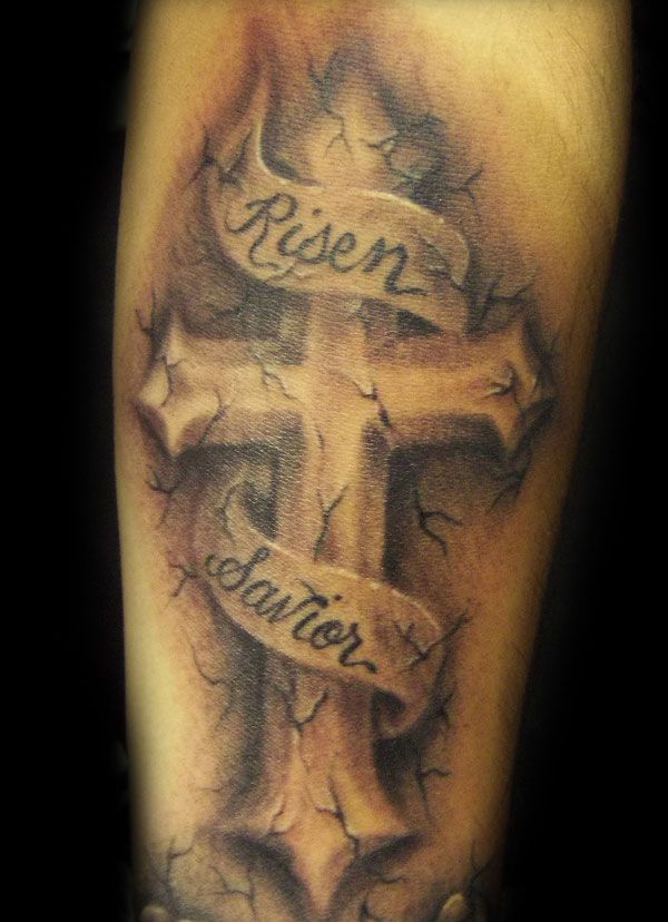Stone Cross 3D Leg Tattoo Tattoo on skin
