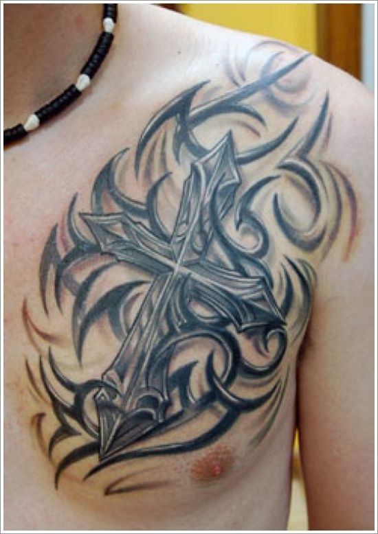 Stylish Tribal Cross Chest Tattoo Tattoo on skin