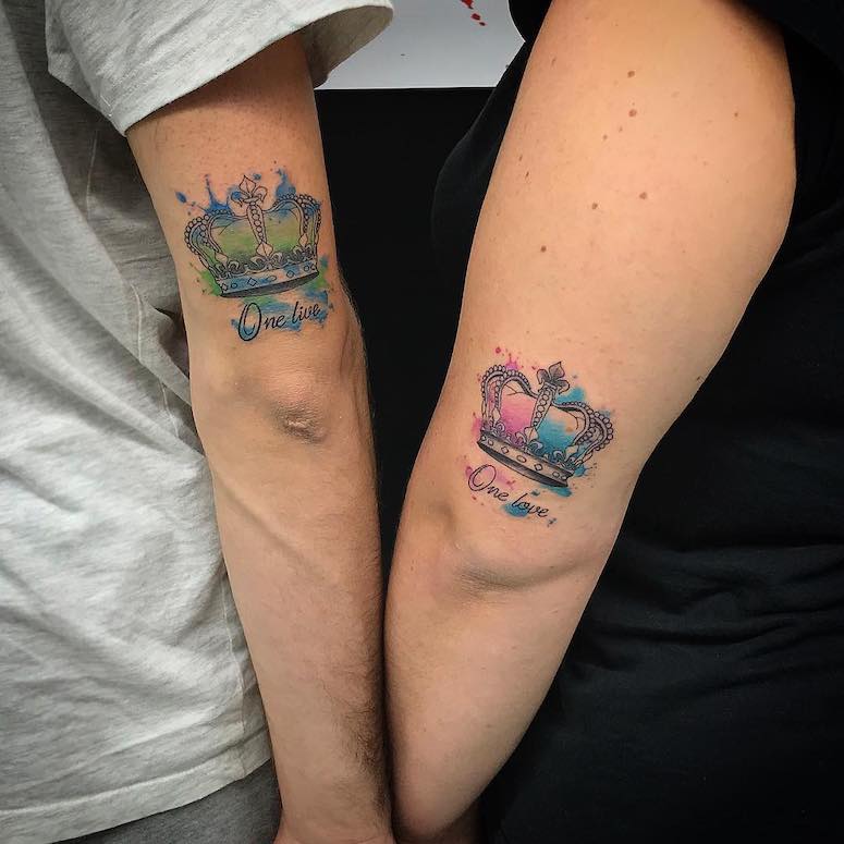 Couples Crowns with “One Love” Message Tattoo on skin