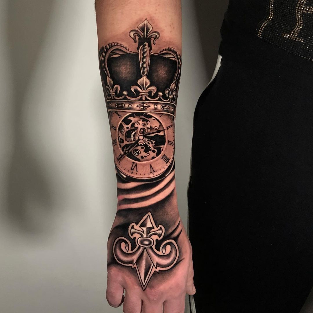 Crown and Clock Half Sleeve Tattoo for Royal Highnesses Tattoo on skin