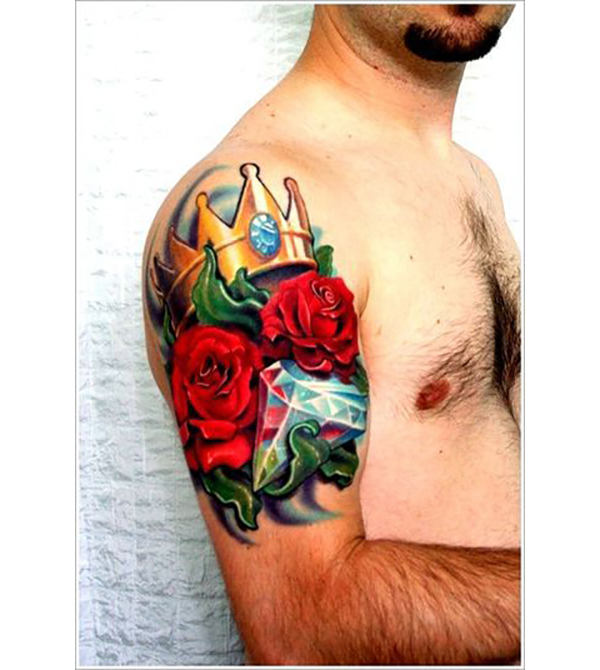 Crown Jewel with Red Roses Tattoo on skin