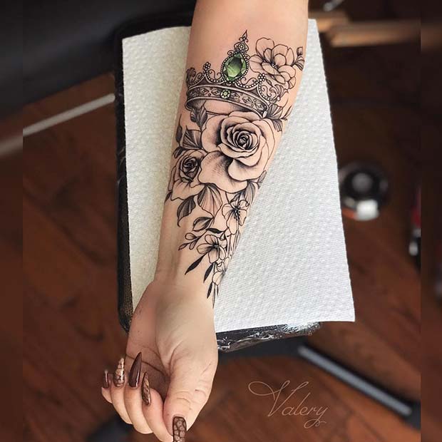 Emerald Crown with Fleshy Flower Tattoos Tattoo on skin
