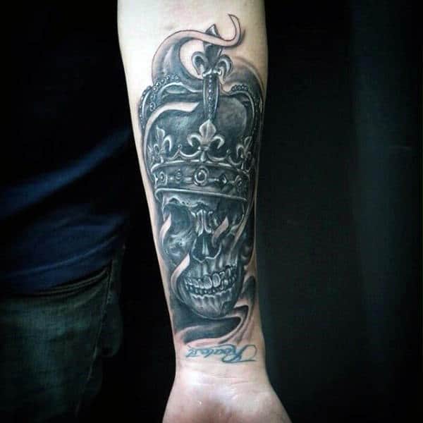 Memento Mori Tattoo with Crowned Skeleton Tattoo on skin