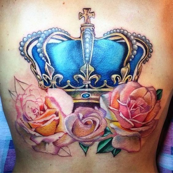 Royal Blue Crown with Pink Roses Tattoo on skin
