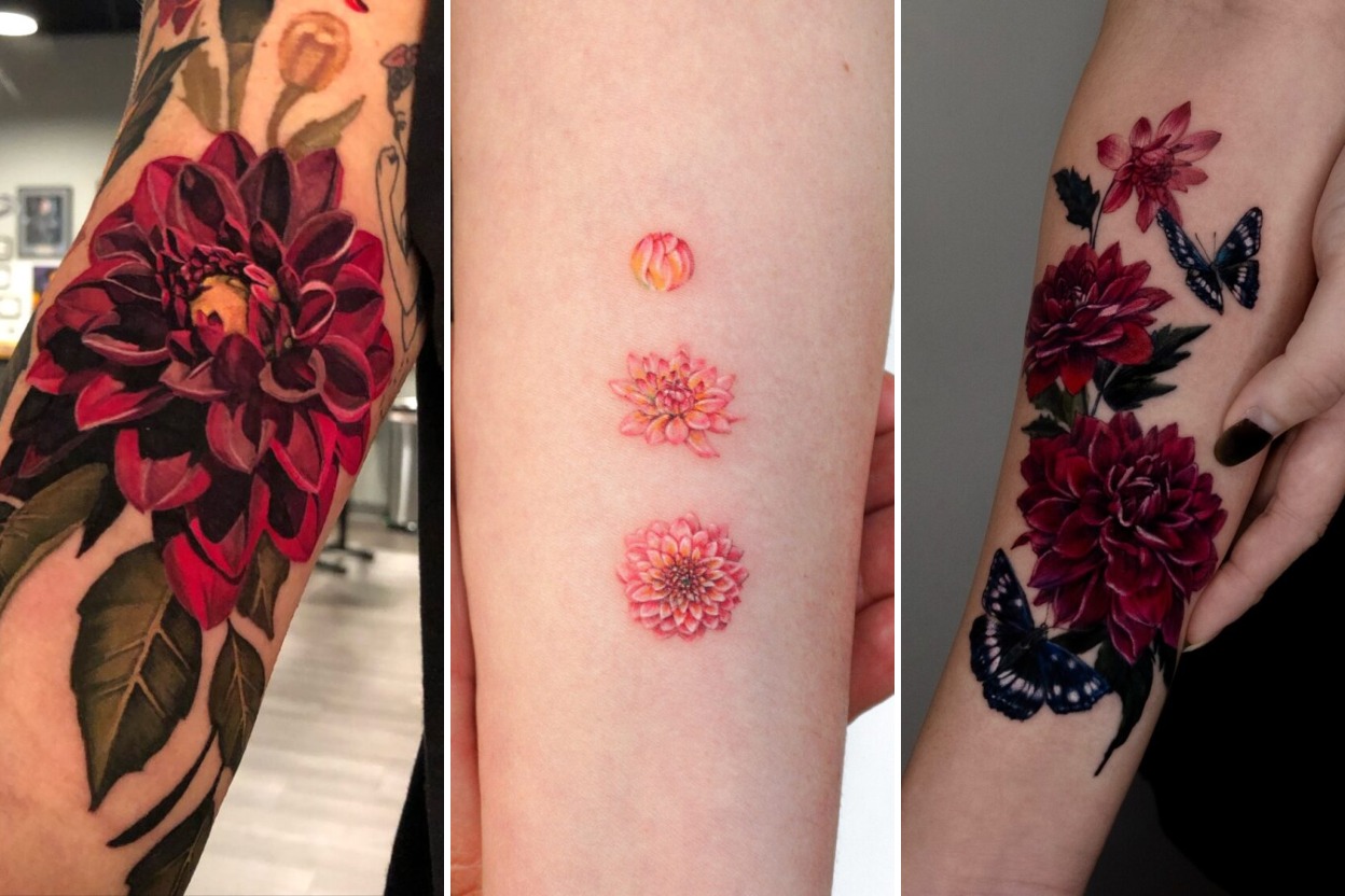 35+ Dahlia Tattoo Ideas Blooming With Symmetrical Botanical Elegance Featured 3-Panel Lookbook Collage