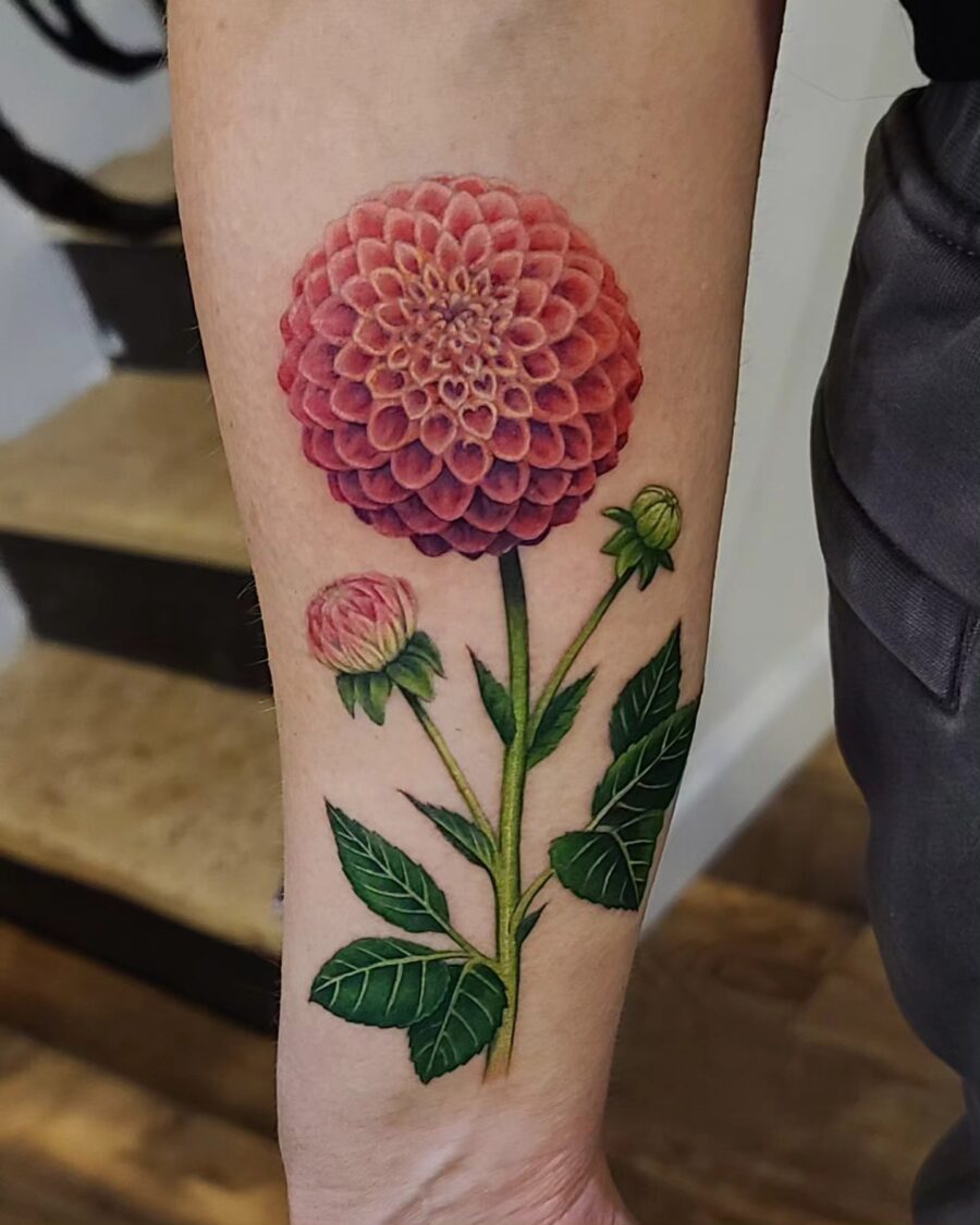 Stunning dahlia tattoo with vibrant colors Tattoo on skin