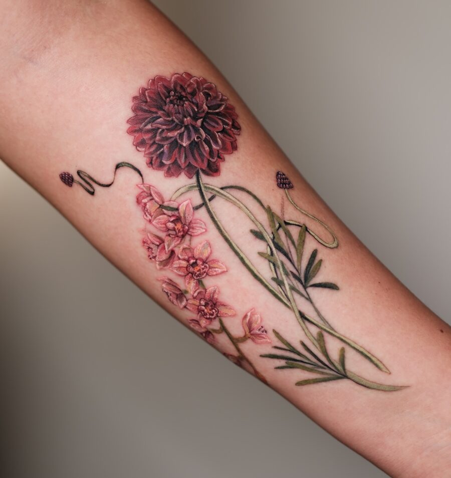 Vibrant dahlia and floral tattoo design Tattoo on skin