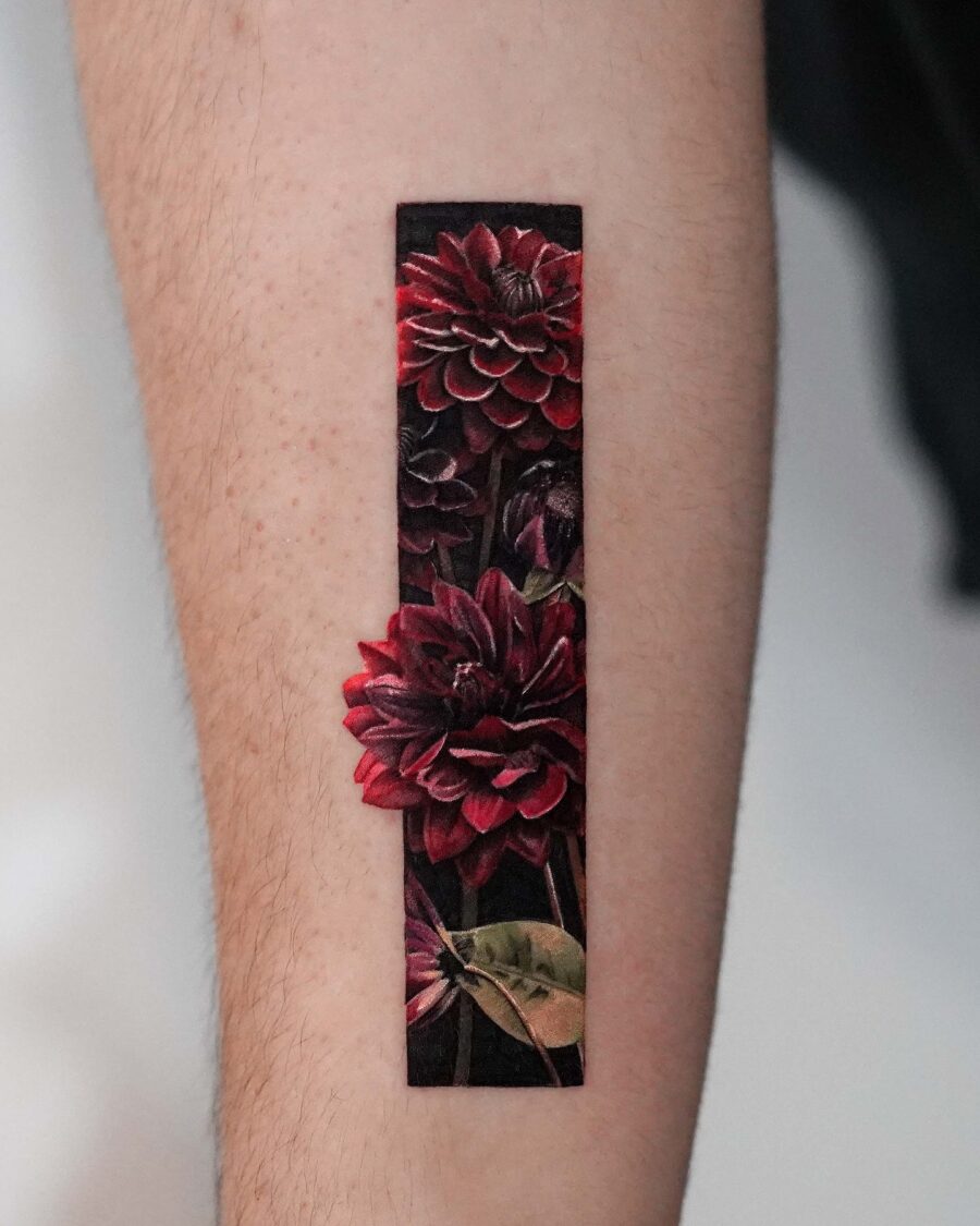 Vibrant Dahlia Tattoo with Dark Aesthetic Tattoo on skin