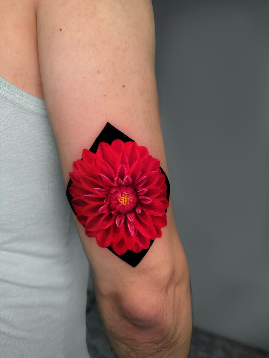 Vibrant red dahlia tattoo on the arm Tattoo on skin
