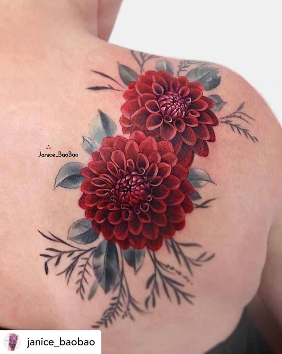 Vibrant red dahlia tattoo showcasing floral beauty Tattoo on skin