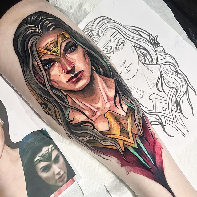 Fierce Life-Like Wonder Woman Tattoo Tattoo on skin