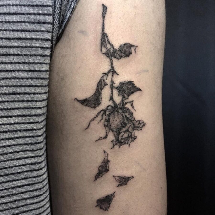Elegant drooping rose with fallen petals Tattoo on skin