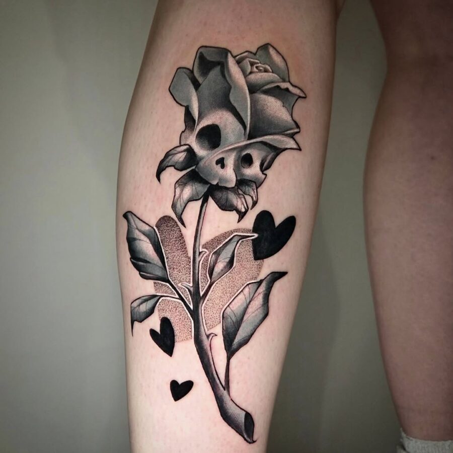 Unique skull rose tattoo with hearts detail Tattoo on skin