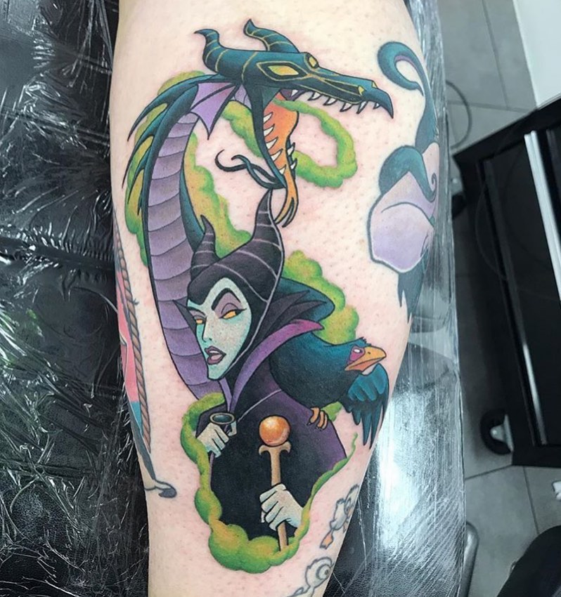 Evil Maleficent Tattoo Against the Raging Dragon Disney Tattoos Tattoo on skin