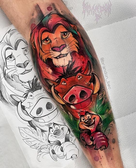 Teary-Eyed Simba, Timon, and Pumbaa Design for the Peak Emotion season Disney Tattoos Tattoo on skin
