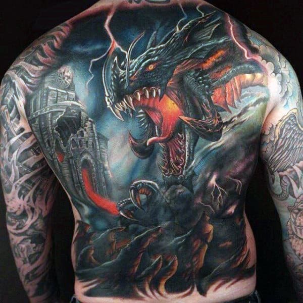 Black Dragon Castle Attack Tattoo on Back Tattoo on skin