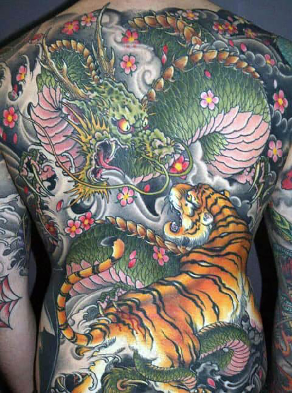 Colorful Dragon and Tiger Full Back Tattoo Tattoo on skin