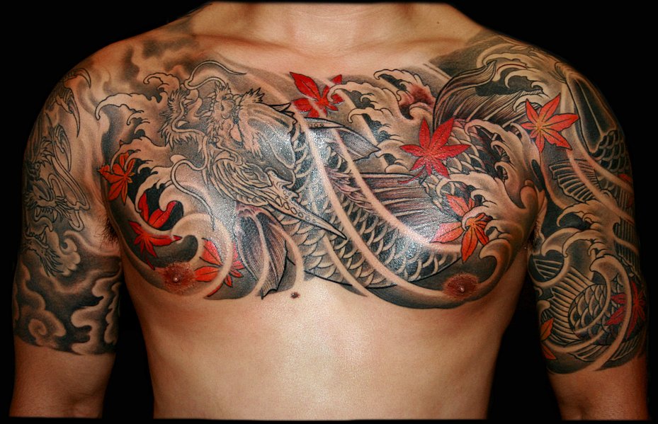 Dragon and Maple Leaf Chest Tattoo Tattoo on skin
