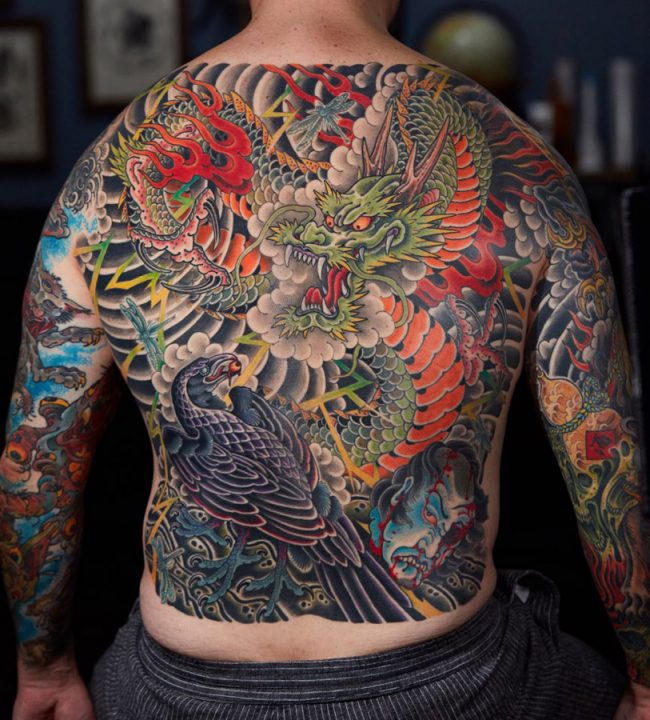 Dragon and Mythical Creatures Full Back Tattoo Tattoo on skin