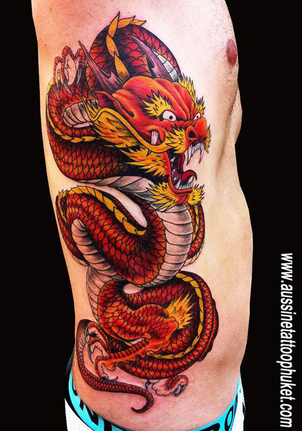 Flaming Red and Orange Dragon Side Tattoo Tattoo on skin