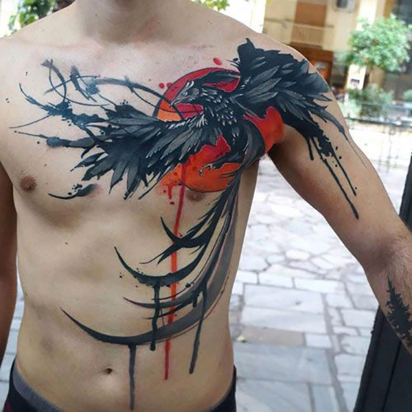 Flying Black Dragon Tattoo with Orange Moon Tattoo on skin