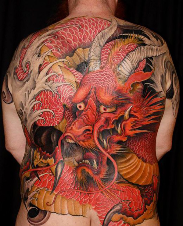 Full Back Horned Red Dragon Tattoo Tattoo on skin