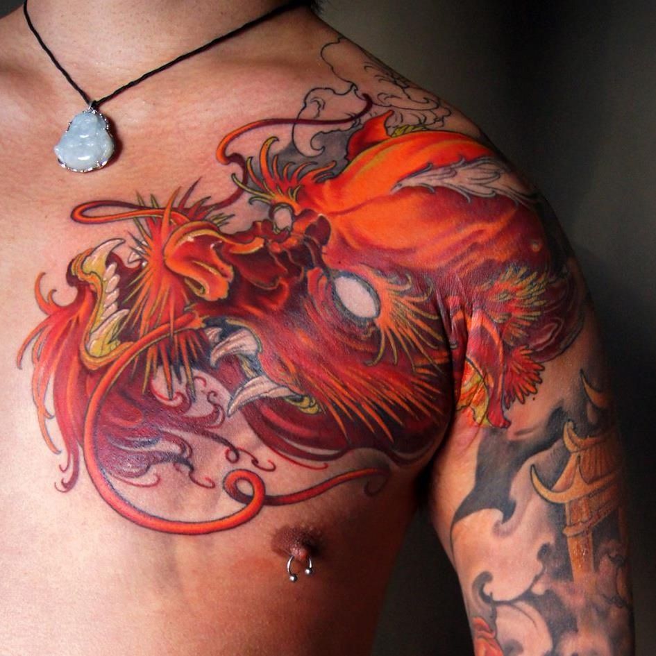 Giant Red Dragon Head Tattoo on Shoulder Tattoo on skin