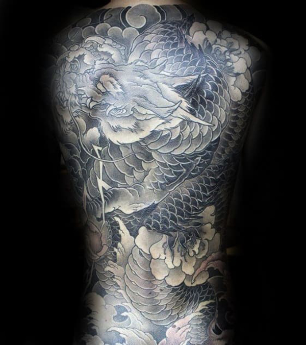 Gorgeous Grayscale Full Back Dragon Tattoo Tattoo on skin