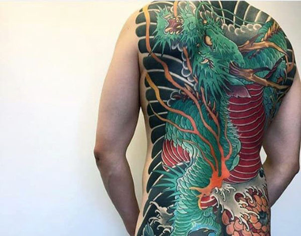 Horned Blue Dragon Full Back Body Tattoo Tattoo on skin