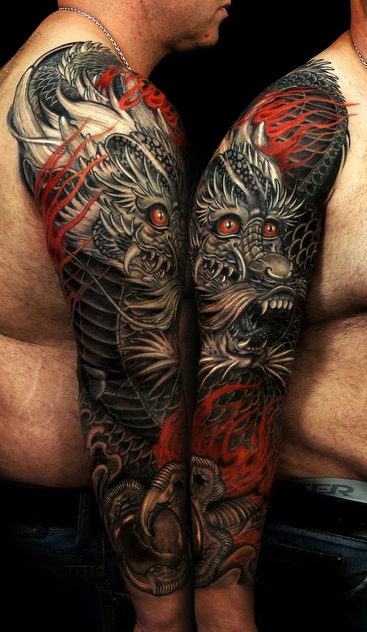 Red Eyed Black Dragon Full Sleeve Tattoo Tattoo on skin