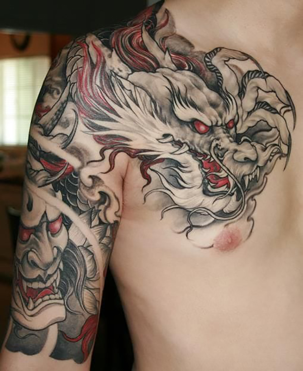 Red-Eyed White Dragon Chest and Shoulder Tattoo Tattoo on skin