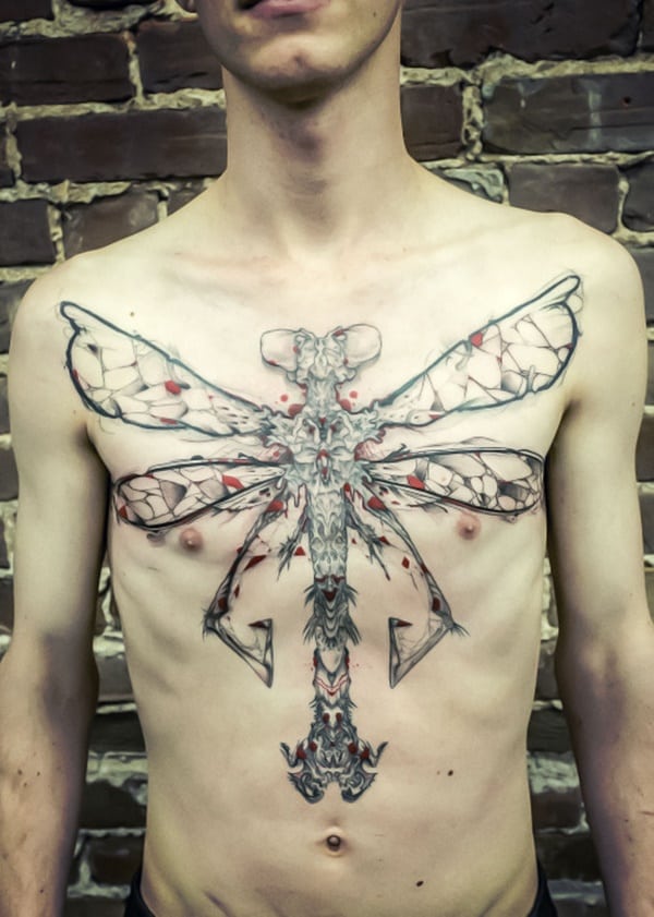 Black and Red Chest-Spread Dragonfly Tattoo Design Tattoo on skin