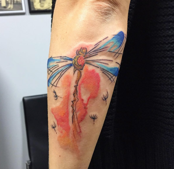 Blue and Red Watercolor Dragonfly Tattoo Design Tattoo on skin