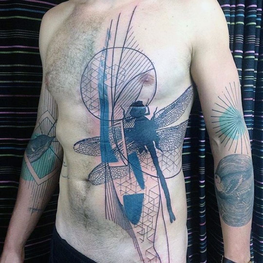 Blue Geometrical Staircase Dragonfly Tattoo Design Tattoo on skin