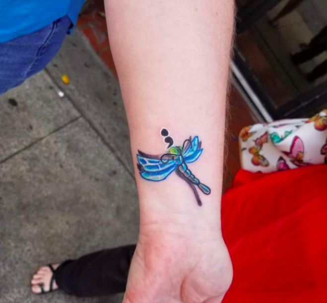 Blue Semi-Colon Dragonfly Tattoo Design Tattoo on skin