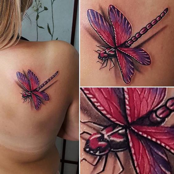 Pink and Purple Shaded Dragonfly Tattoo Design Tattoo on skin