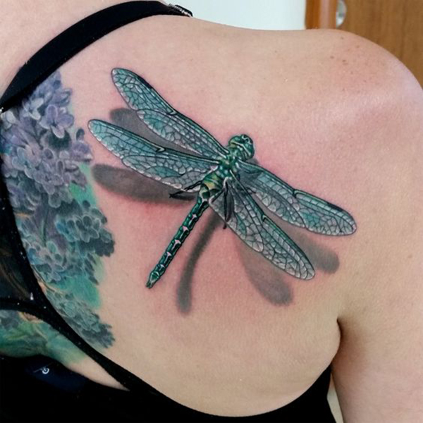 Sea Green Flowery Shadow Shaded Dragonfly Tattoo Design Tattoo on skin