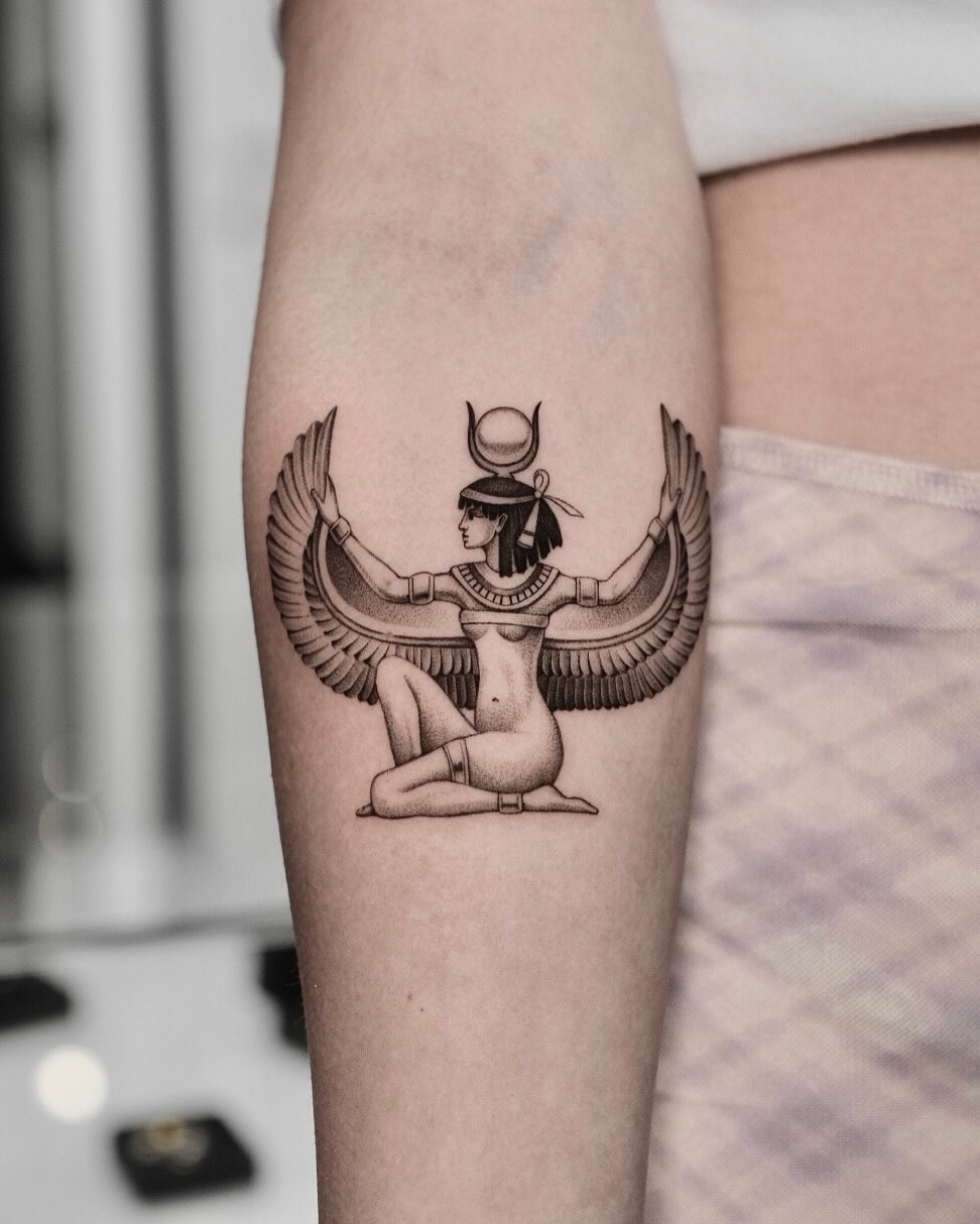 Elegant Cleopatra tattoo with striking wings Tattoo on skin