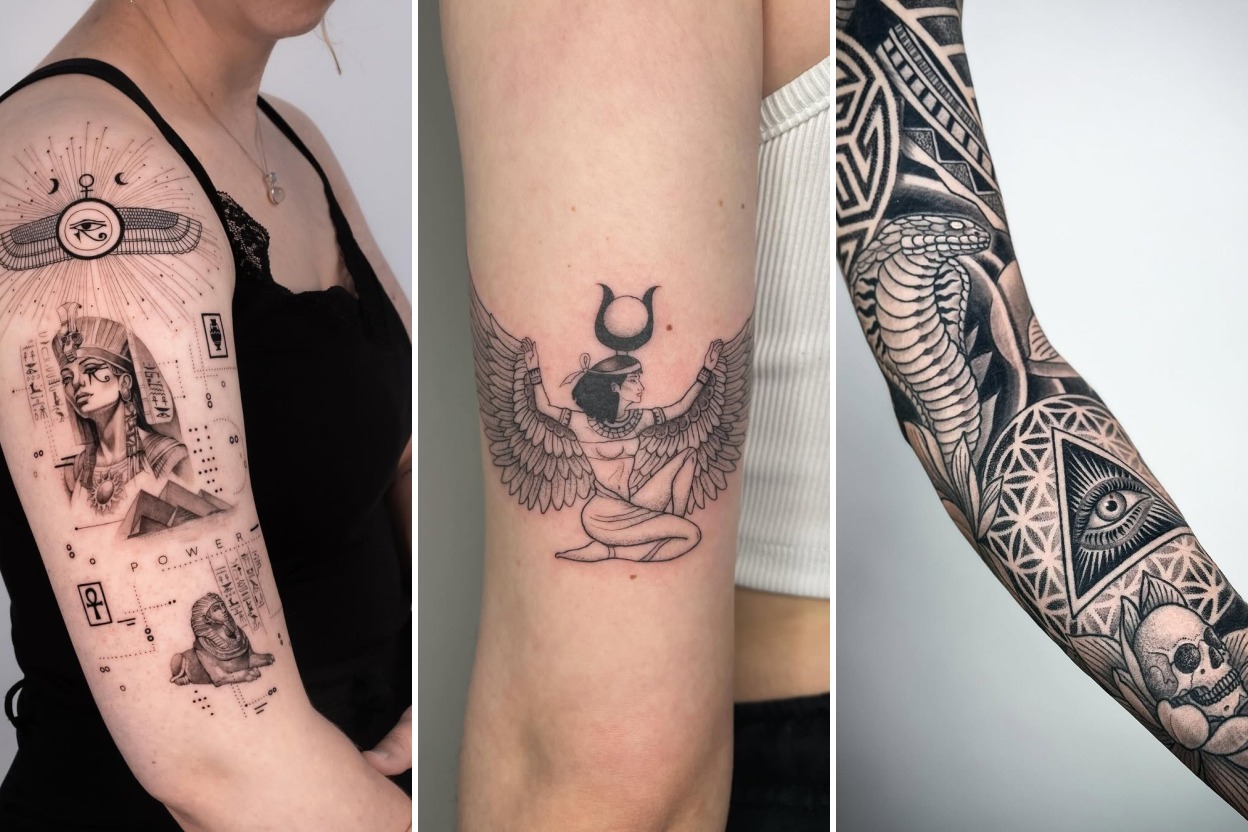35+ Egyptian Tattoo Ideas Channeling Ancient Mysticism and Royalty Featured 3-Panel Lookbook Collage