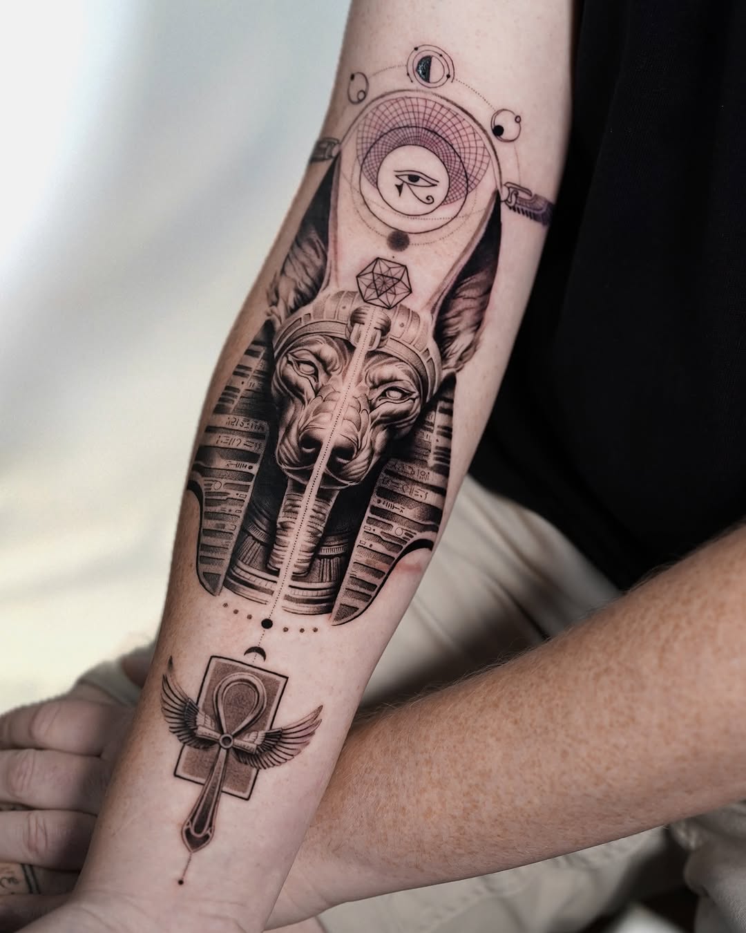 Intricate Egyptian Pharaoh Tattoo with Ankh Symbol Tattoo on skin
