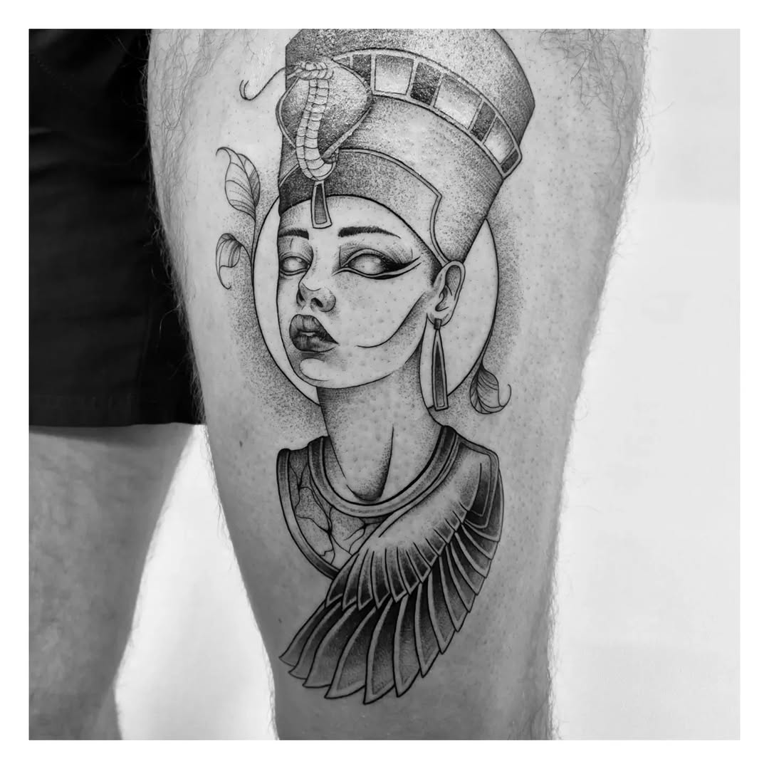 Intricate Nefertiti Tattoo Design in Black Ink Tattoo on skin
